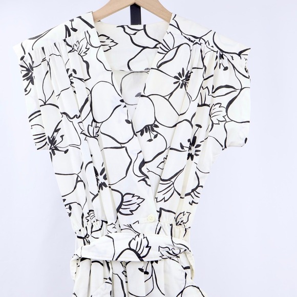 Other - Vintage Floral Jumpsuit Womens White Black Wide Leg Pantsuit Belted 80s Romper